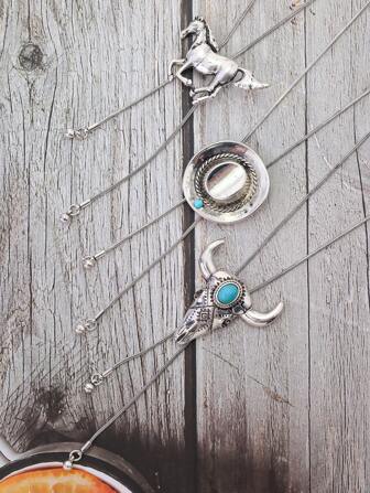 1 pieza Collar de estilo vaquero occidental retro de moda con elementos de cadena de toro, caballo y serpiente, cadena ajustable de suéter colgante para mujeres