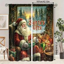2pcs Christmas Themed Printed Curtains, Santa Claus & Reindeer Pattern, High-Definition Digital Printing, Polyester Material. Semi-Transparent For Privacy Protection, Fade-Resistant, Hand/Machine Washable, Rod Pocket Hanging, Suitable For Bedroom And Living Room Decor, Home Decoration Living Room Curtains Christmas Decorations Christmas Decorations Home