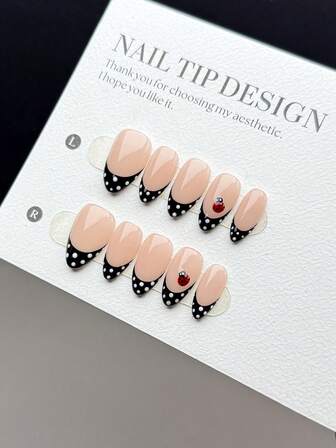 10-Piece Handmade Wearable Nail Tips, Short Almond-Shaped Press-On False Nails, Fashionable And Popular Style, Hand-Painted Cute Ladybug Pattern, Hand-Painted White Polka Dots, Black French Style With Nude Nail Base Color, It Is A White And High-End Nail Art Fake Nail Tip Finished Product, Suitable For Women And Girls To Wear Every Day, Comes With A Nail Set Nail Supplies Nails