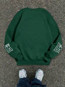 1PC Teen Boy American Retro Style Los Angeles - Element Print Crew Neck Sweatshirt, Soft And Comfortable, Spring Autumn Daily Leisure Wear - Dark Green - View 2