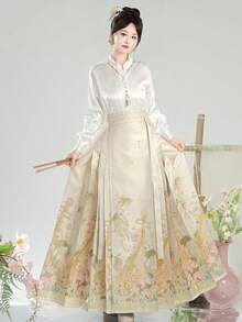 1 件现代中国汉服，复古风格绿色琵琶刺绣腰部收腰中长连衣裙，适合成人中国文化爱好者