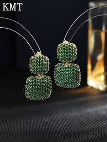 KMT 2pcs Copper Alloy Cubic Zirconia Inlaid Splicing Square High-End Fashion Earrings For Women, Suitable For Party, Daily Wear, And Dating