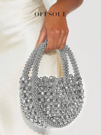 优雅镂空手工金属串珠珍珠编织圆形手提包，闪亮迷人手提包，适合派对、婚礼、仙女般