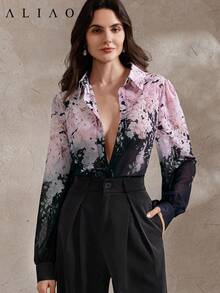 Aliao 高端印花长袖透视衬衫，度假风，春季女装，纽扣衬衫，情人节，派对上衣，优雅女士衬衫，夏季女装度假装 - 彩色 - 查看 10