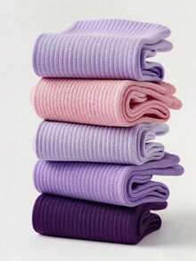 1/3/5/10/15/20 双装 女士纯色竖条纹舒适简约运动休闲吸湿中筒袜 - 彩色 - 查看 5