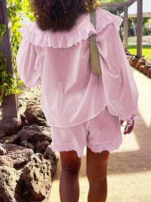 Womens Casual 2 Piece Outfits Long Sleeve Doll Collar Blouse Tops + Shorts Set Loungewear - 粉色 - 查看 7