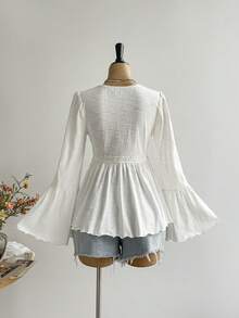 Rusttydustty 白色休闲度假喇叭袖上衣，适合波西米亚风复活节海滩装扮、夏威夷音乐节和热带度假 - 白色 - 查看 4