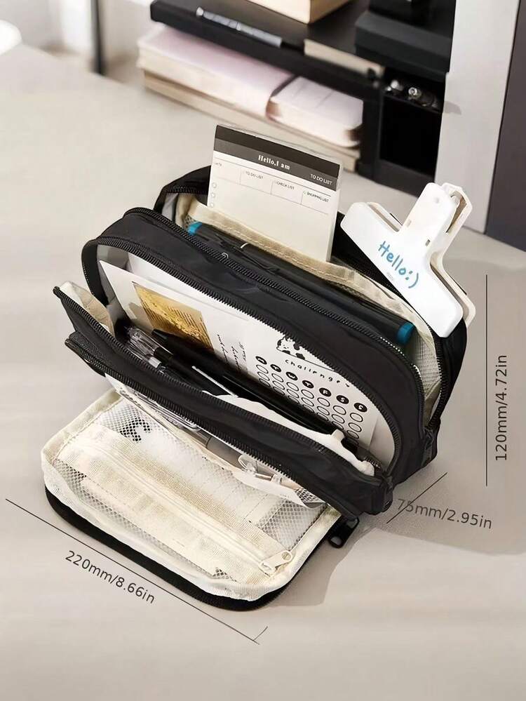 1pc Beige Pencil Case, Large Capacity 3-Compartment Storage Bag, Suitable For Office, School And Students - Multicolor - View 9