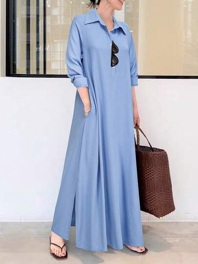 Casual Pullover Long Dress With Slit Hem