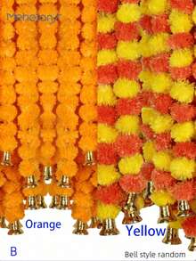 MEHELANY 1Pc Marigold Garland With Bell 5.08FT Artificial Marigold Wreath Faux Flowers, Yellow & Orange Plastic Marigold Faux Hanging Halloween Thanksgiving Day Diwali DIY Decorations, Mexican Wedding Decorations Artificial Flowers, Fake Flowers Fall Garland Christmas Decor, Flower Garland Strands, Day Of The Dead Altar Marigold Flower Strips