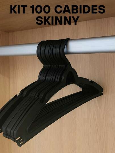 KIT DE 100 CABIDES PRETO SKINNY DE PLÁSTICO RESISTENTES GUARDA ROUPAS ORGANIZADOR NATAL