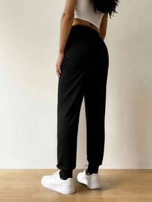 Pantalones De Cintura Alta Para Mujer Con Bolsillos En Diagonal Y Costura al frente - Negro - Ver 3