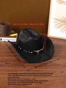 1pc Men's/Women's Black Cowboy Hat With Bull Head Decor & Windproof Chin Strap - Ideal For Western-Themed Events, Rodeos, Outdoor Adventures
