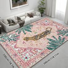 1pc Luxury Vintage Tiger & Floral Striped Totem Area Rug, Soft Faux Wool Wild Animal Farmhouse Style Washable Decorative Carpet For Living Room, Bedroom, Entryway, Bathroom, Hallway, Patio, Kitchen, Indoor Outdoor, All Season Large Mat - Light Pink - Home Decor - Multicolor - View 12