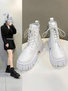 Botas de cordones de moda para mujer,Botas Cortas para Mujer: Estilo Británico y Botas Moteras de Moda | Cómodas de Llevar, Ideal para Actividades Al Aire Libre - Negro - Ver 3