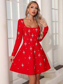 Elegant Solid Color Shiny Zipper Rhinestone A-Line Dress, Polyester Fabric, Romantic Party, Wedding, Formal Occasion, Stage Performance, Autumn/Winter - Đỏ - Xem 4