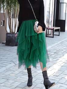 蓬松浓密的不对称网眼薄纱裙，圣诞节多层薄纱蛋糕裙 - 墨綠色 - 查看 4