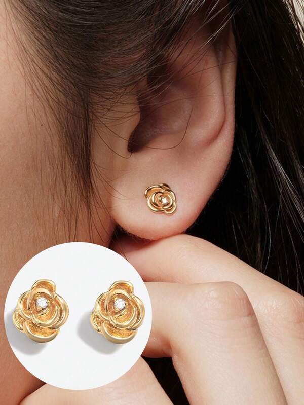 A Pair Of Sterling 925 Silver Exquisite Elegant Cute Rose Flower Ear Studs Earrings For Women Daily Wearing Friendship Party Jewelry Gift