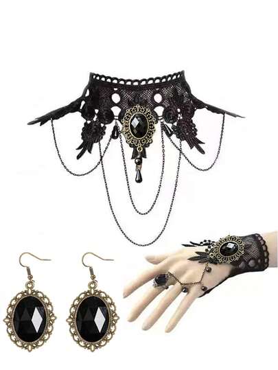 1 Set Damen Vintage Dunkel Gothic Stil Schwarzer Edelstein Halskette, Armband, Ohrringe Schmuckset