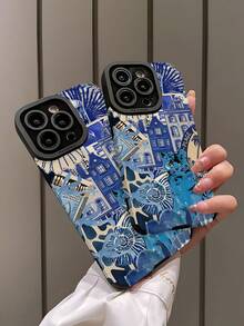 1 件独特多巴胺蓝色建筑蓝猫图案垂直仿皮防摔防指纹防震手机壳适用于苹果和型号 - 彩色 - 查看 4