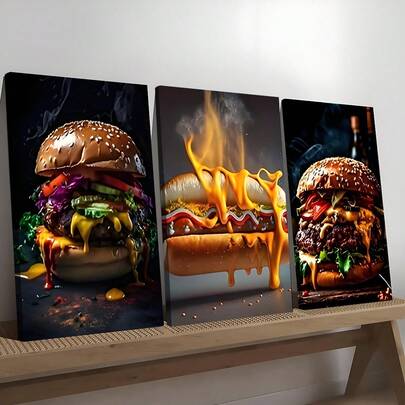 3 piezas Pintura moderna de comida deliciosa, arte de pared de perro caliente, hamburguesa, impresión en lienzo, impresión de alta definición con marco opcional, decoración para baño, oficina, cafetería, gimnasio, fiesta familiar, decoración del hogar, decoración de pasillos, obra de arte, regalo ideal para amigos