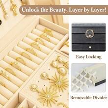 3-Layer Lockable Jewelry Box With Key – Large Leather Organizer Case For Rings, Earrings, Necklaces, Bracelets, Watches & Lipsticks – Elegant Gift For Women - Black - View 7