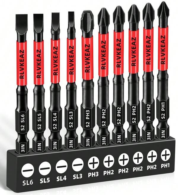 10-PCS 3" Long Magnetic Screwdriver Bits Set: Bits # 1/ # 2/ # 3 & Slotted Head - S2 Alloy Steel, 1/4" Hex Shank For Impact Driver, Power Drill - Pro & DIY