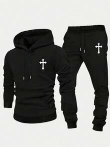 Bộ áo hoodie thu/đông nam | Họa tiết chữ thập | Trang phục thể thao thường ngày thiết yếu - màu đen - Xem 5