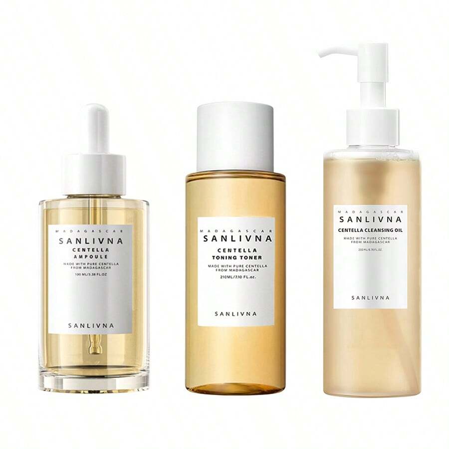 3件套舒缓积雪草护肤套装，包含卸妆油、爽肤水和精华液，清洁毛孔，改善肤色，缩小毛孔，适合敏感肌肤，每日清洁保湿。