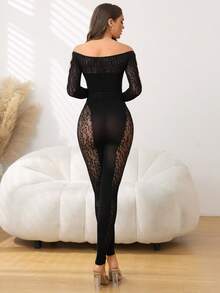 女士性感豹纹蕾丝拼布镂空长袖连体裤，修身款，夏季 - 黑色 - 查看 3