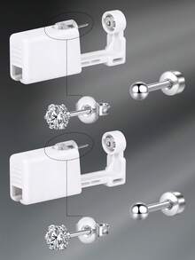 CIZME 4 件/套时尚不锈钢方晶锆石心形仿珍珠平背耳环，带穿耳枪，自穿耳套装 - 一次性穿耳枪，带预装耳钉，家用自穿耳枪套装，软骨耳环，男女皆宜，可作为日常装饰 - 銀色/金色 - 查看 17