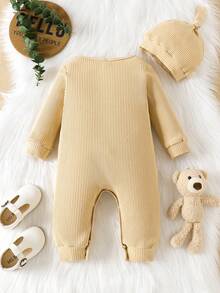 Infant Boys' Casual Minimalist Cute Letter Print Crew Neck Long Sleeve Hat Jumpsuit, Autumn/Winter - Apricot - View 2