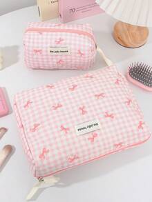 1Pc/Set Cute Pink Plaid & Bow Pattern Large Capacity Cosmetic Bag Multifunctional Travel Storage Bag, Portable Hand-Held Toiletry Bag With Zipper, Suitable For Home, Travel, Vacation And School Use, Travel Essentials, Cruise Essentials, Daily Commuting Essentials, Wedding Bridesmaid Gifts, Back To School Season Gifts And Holiday Gifts Autumn University Essentials Travel Bag For Women Makeup Bag Makeup Organizer