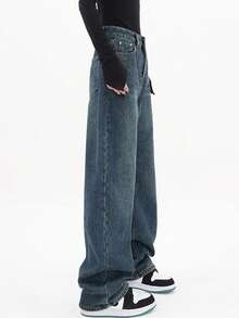 Vintage Denim Jeans With Pockets Baggy Jeans For Women Vintage Wide Leg Straight Denim Pants Womens Casual Trousers Spring Clothes - 藍色 - 查看 4