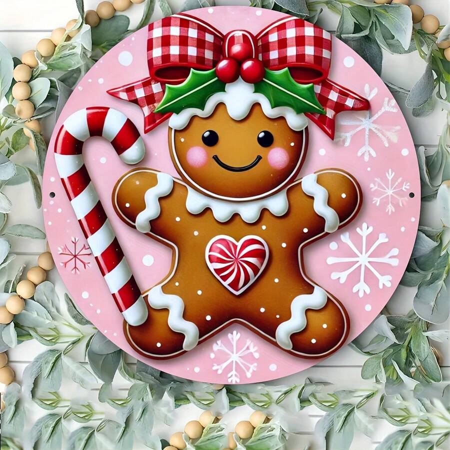 1pc Round Metal Sign Displaying A Pink And Red Gingerbread Christmas Wreath, Suitable For Home, Bar Or Cafe Decor Home Decor Christmas Decorations Room Decor