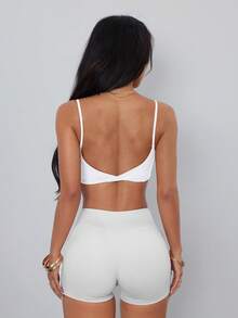 Women's Sports Bra, Twist Back Design, Fashionable Solid Color Sports Tank Top, With Removable Pads, Suitable For Yoga, Fitness And Running - White - View 6