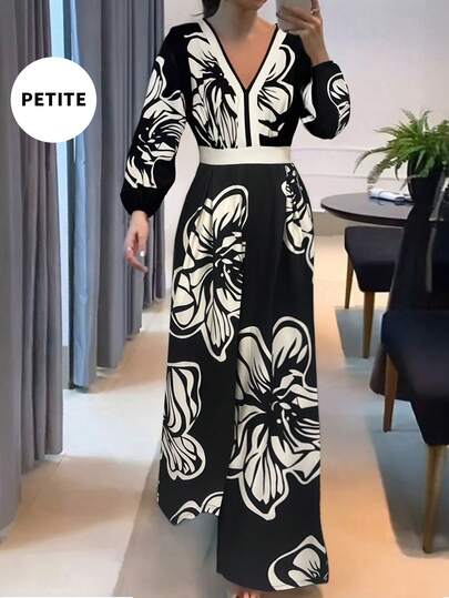 Christmas New Exclusive Black And White Floral Print Long Dress With Deep V-Neck And Waist-Cinching Jumpsuit Design Highlights: The Deep V-Neck Design Accentuates The Neckline, Adding Elegance; Suitable For Dating, Parties, Commuting, And Various Occasions, It Is An Eye-Catching Piece For Petite Girls To Enhance The Sophistication Of Their Outfit.