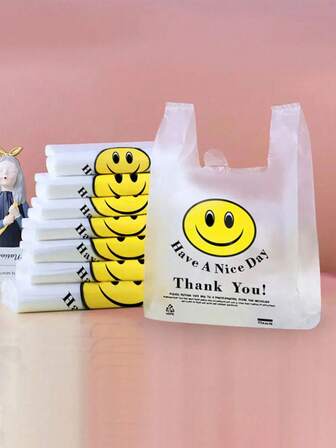 50pcs/100pcs Reusable Plastic Shopping Bags - Suitable For Groceries, T-Shirts, Etc. - Ideal For Stores, Malls And Home Use, Random Patterns And Text, Convenient Bags, Shopping Bags, Tote Bags, Storage Bags, Party Supplies, Back To School, Some Printing Or Marks Do Not Affect Use