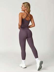 MASKERT "2-Piece Set"Women's Vest Yoga Tight Pants Set, High Stretch Running Sports Set, Comfortable And Skin Friendly - 紫色 - 查看 3