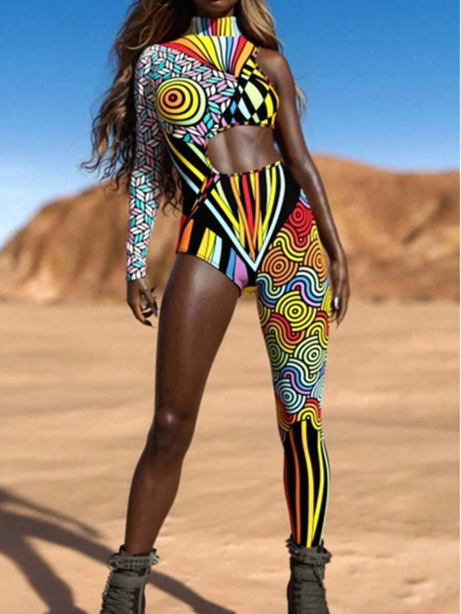 Women's Sexy Party Jumpsuit, Tight-Fitting, Asymmetric, Performance, Holiday, Printed, Long Sleeve
