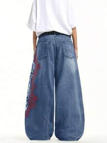 1pc Hong Kong Style High Street 3D Embroidered Floral Fashion Versatile Men's Washed Loose Wide Leg Jeans (Product Does Not Include Belt And Accessories) - Blue - View 8