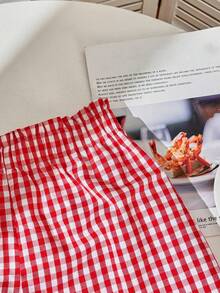 Mujeres casual rojo cuadro Ruffle Hem pantalones cortos, adecuados para verano rojo Gingham pantalones cortos adecuados para salir - Rojo - Ver 4