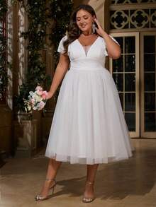 女士加大码优雅纯色拼布蕾丝网眼拉链茶歇长正式派对礼服，适合婚礼宾客、伴娘、伴娘、鸡尾酒会、婚礼、毕业派对、春夏秋 - 白色 - 查看 6