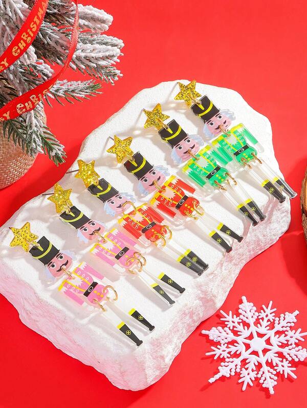 1 Paar süße Weihnachts-Nussknacker Ohrringe, farbenfroher Acryl Weihnachtsschmuck, Weihnachtsparty Kostümzubehör, Acryl Anhänger Ohrringe geeignet für Weihnachtsfeierlichkeiten, Weihnachtsfeiern, Bankette