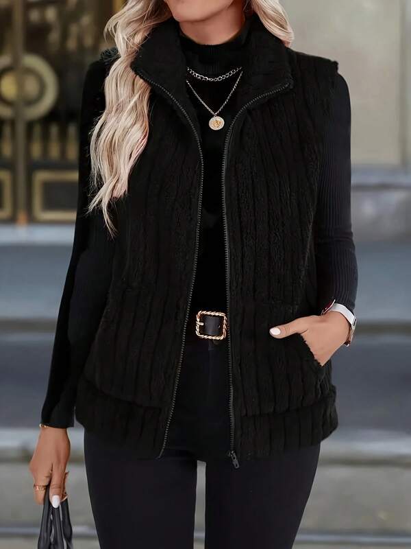 Women's Autumn/Winter New Arrival Stand Collar Zipper Vest, Vertical Velvet Design, Slim Fit Flattering, Warm & Versatile, Fashion Outerwear Solid Color Zipper Pocket Daily Wear