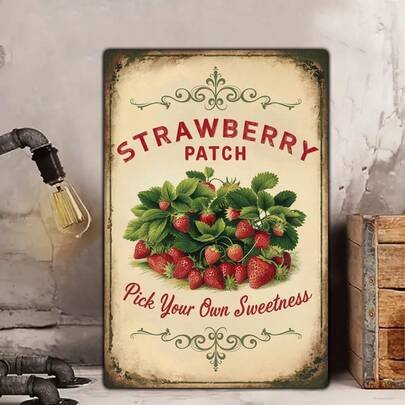 [Vintage Strawberry Sign] Retro 8x12 Inch Aluminum Vintage Strawberry Metal Sign | Kitchen & Home Wall Decor For Christmas & Holiday Decoration