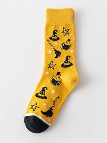 1/3 Pares de Meias Casuais Confortáveis de Meia-Cana com Estampa de Morcego e Fantasma de Halloween, Outono