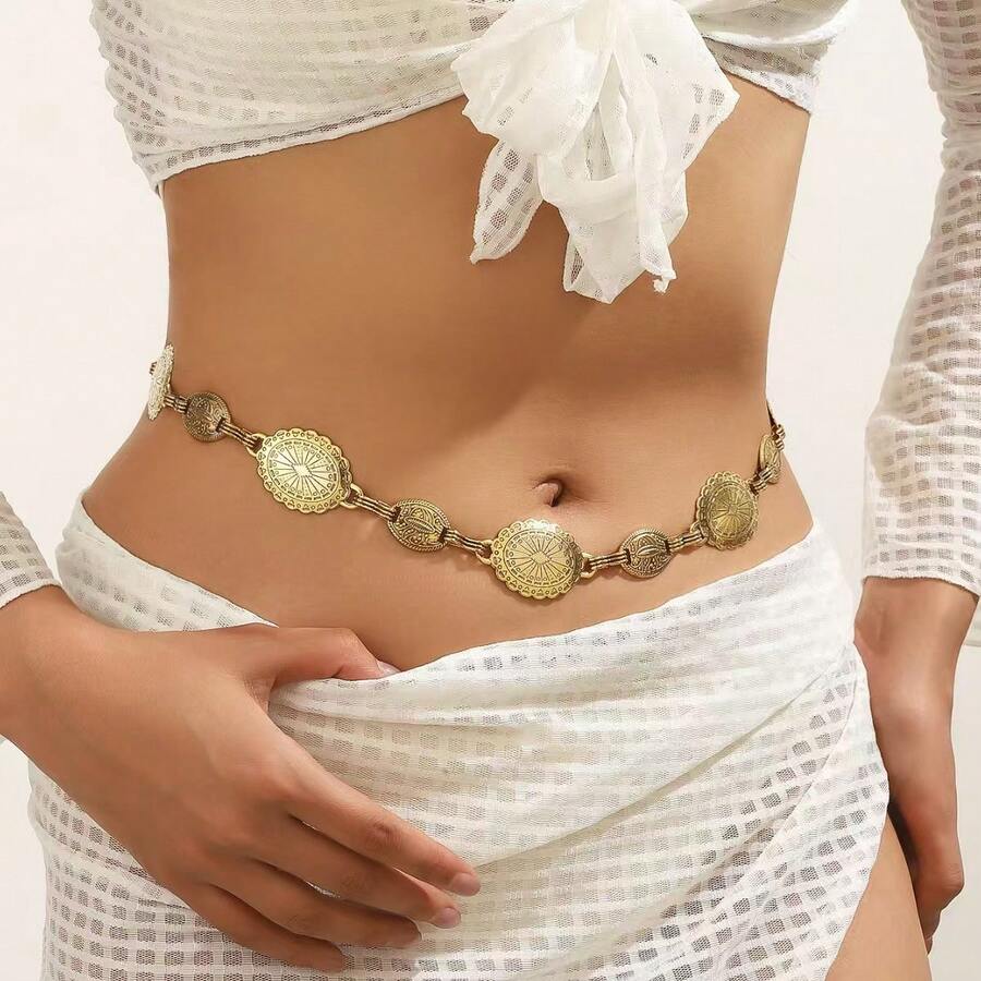 优雅曲线女士金色腰链 - 雕刻椭圆形吊坠，复古牛仔腰带，适合西方节日、休闲装和派对造型，完美契合喜爱复古优雅和牛仔时尚的女士，是凸显您曲线的理想点缀。