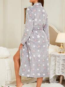1pc Women Star Print Fluffy Robe, Elegant & Fashionable, Thick & Warm For Autumn/Winter, Comfortable For Outdoor, Vacation, And Loungewear, Cozy - Multicolor - View 3