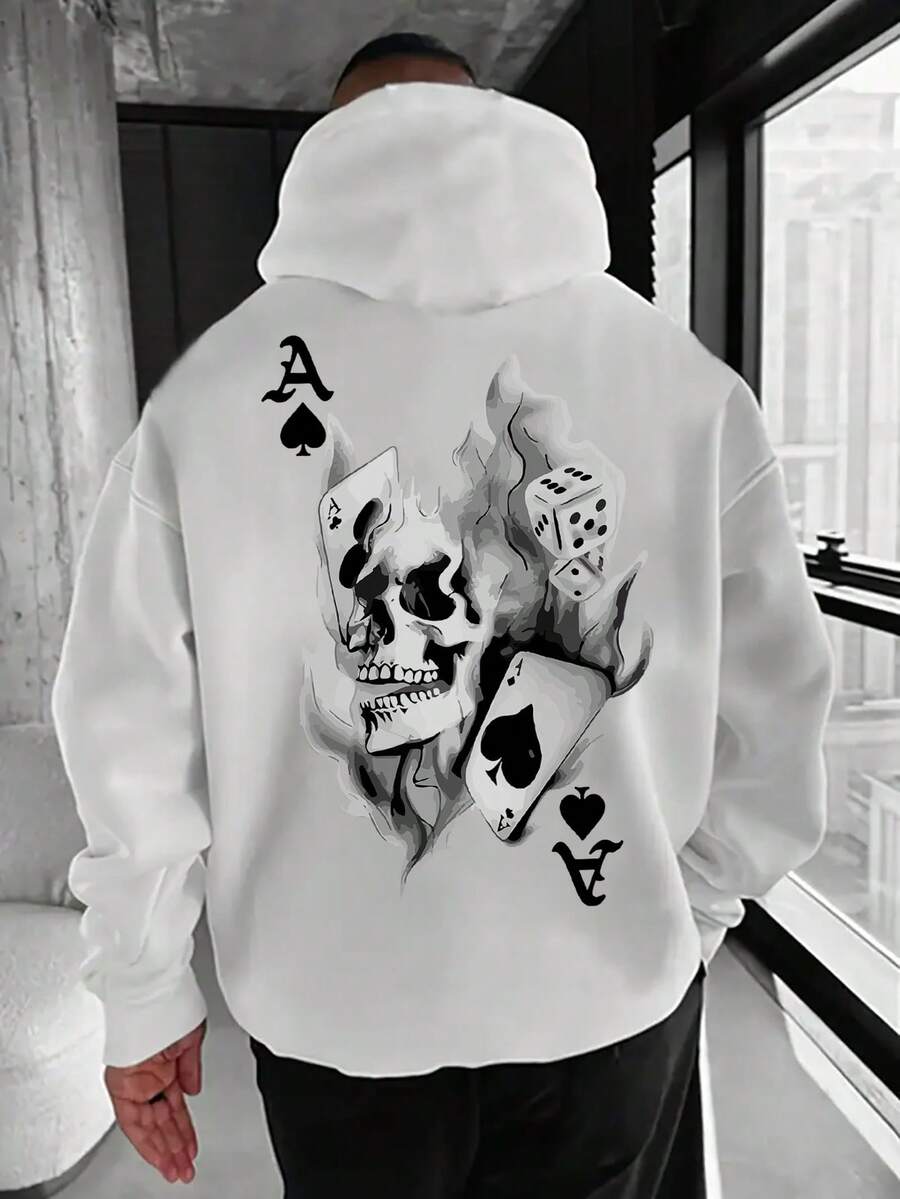 男士时尚骷髅头扑克牌印花抽绳连帽衫，带袋鼠口袋，保暖内衬，秋冬款 - 白色 - 查看 1
